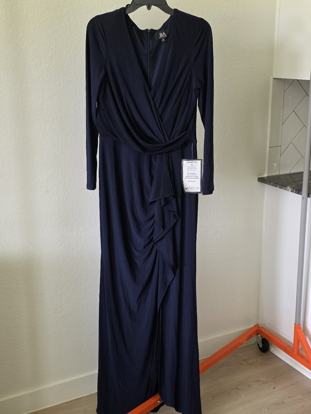 Betsy & Adam Navy Blue Long Sleeve Ruffle Maxi Gown Size 10 NWT $259 Wedding - Picture 2 of 10